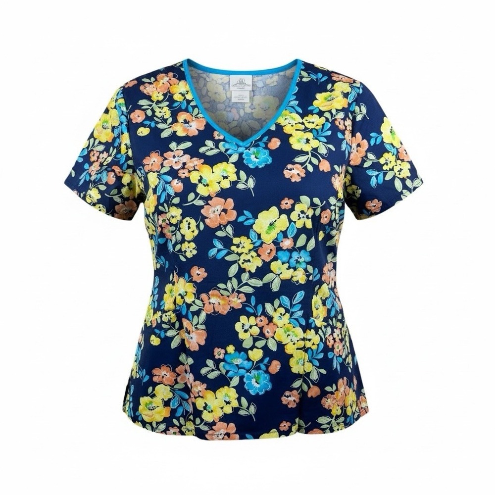Scrub HQ Womens Plus Size Scrub Top Navy Blue Short With Vibrant Floral Design